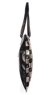 Černo-zlatá měkká shopper dámská kabelka s proplétaným šachovnicovým vzorem S688 GROSSO