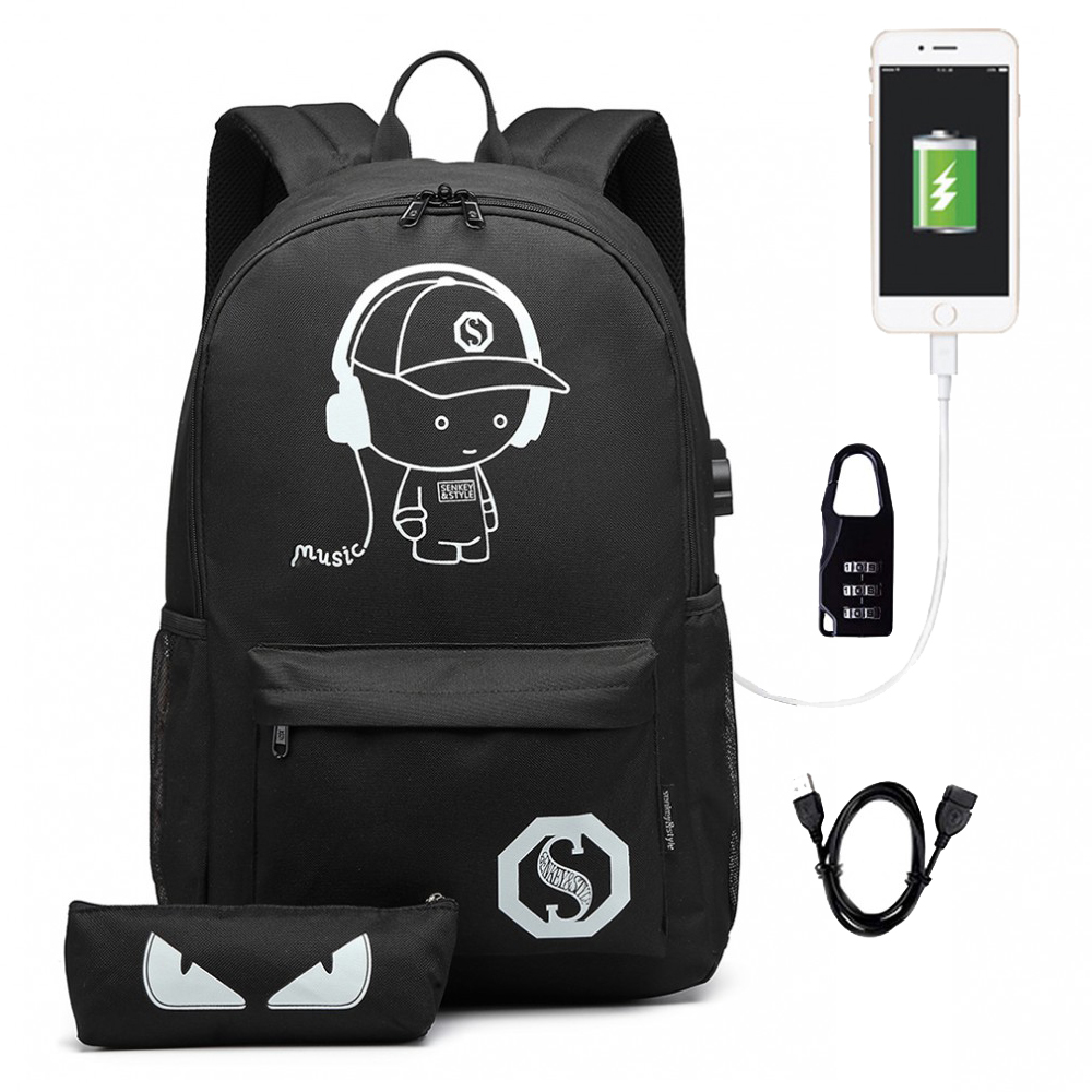 KONO černý batoh s pouzdrem, nepromokavý, USB port, září ve tmě KONO černý batoh s pouzdrem, nepromokavý, USB port, září ve tmě