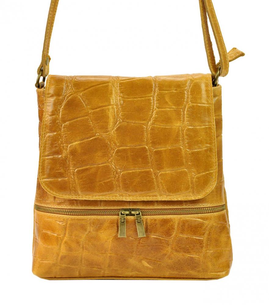 Kožená dámská crossbody kabelka v kroko designu Camel hnědá Kožená dámská crossbody kabelka v kroko designu Camel hnědá