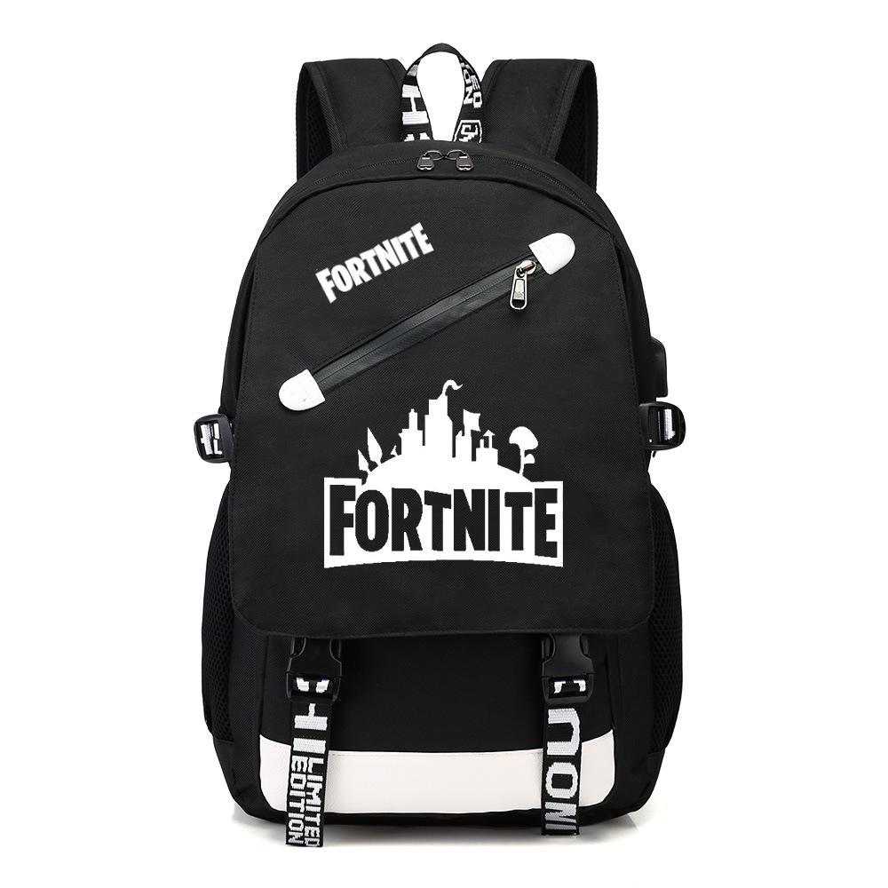 Fortnite svítící černý studentský batoh, USB port, Unisex Fortnite svítící černý studentský batoh, USB port, Unisex