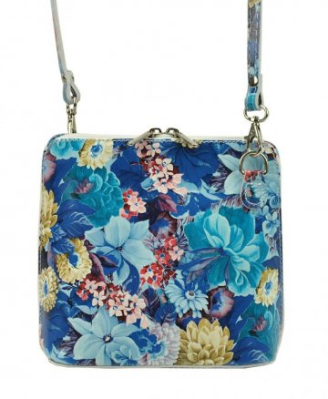 Kožená malá dámská crossbody kabelka s motivem květů modrá Kožená malá dámská crossbody kabelka s motivem květů modrá
