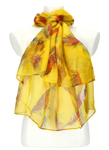 Dámský letní barevný šátek v motivu pírek 188x71 cm žlutá