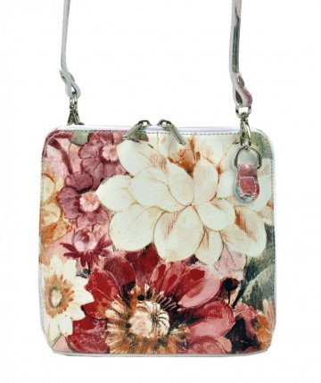 Kožená malá dámská crossbody kabelka s motivem květů bílo-červená Kožená malá dámská crossbody kabelka s motivem květů bílo-červená